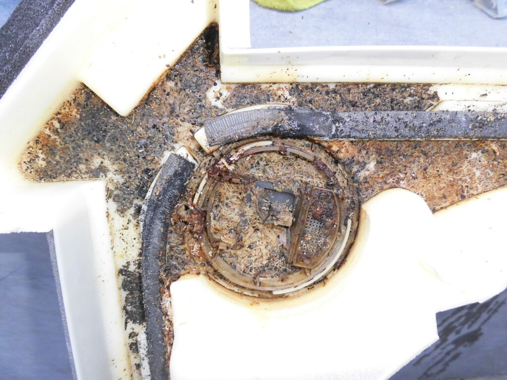 神戸市東灘区のクリニックで業務用エアコン洗浄前のドレンパンに蓄積した汚れ