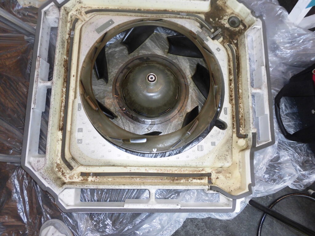 京都市の飲食店で業務用エアコンクリーニング 分解作業